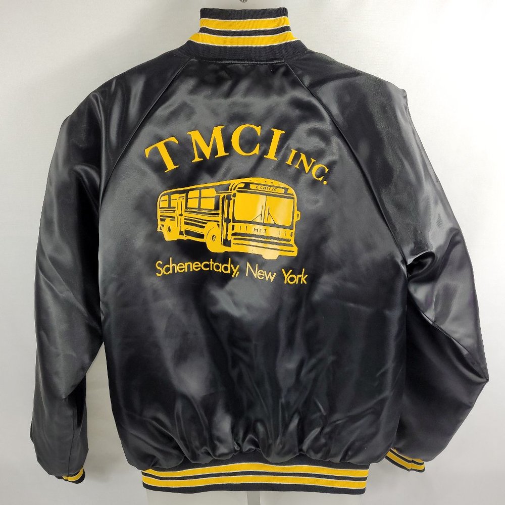 TMCI Inc Schenectady NY Vintage Snap-Up Satin Jacket Black Bus Mens Large